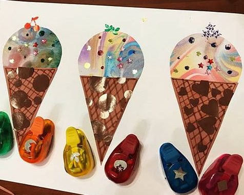 浮水畫、著色、黏土、自製甜筒，眼睛、舌頭大吃冰淇淋～